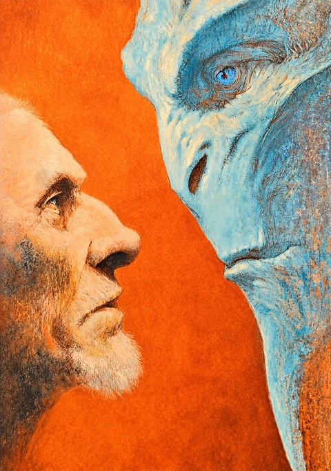 The Noah Papers cover illustration: a human face opposite a blue face